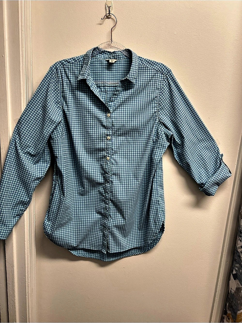 LL Bean Women L Gingham Stretch Hiking Travel Shirt Roll Tab Blue Green ID504796